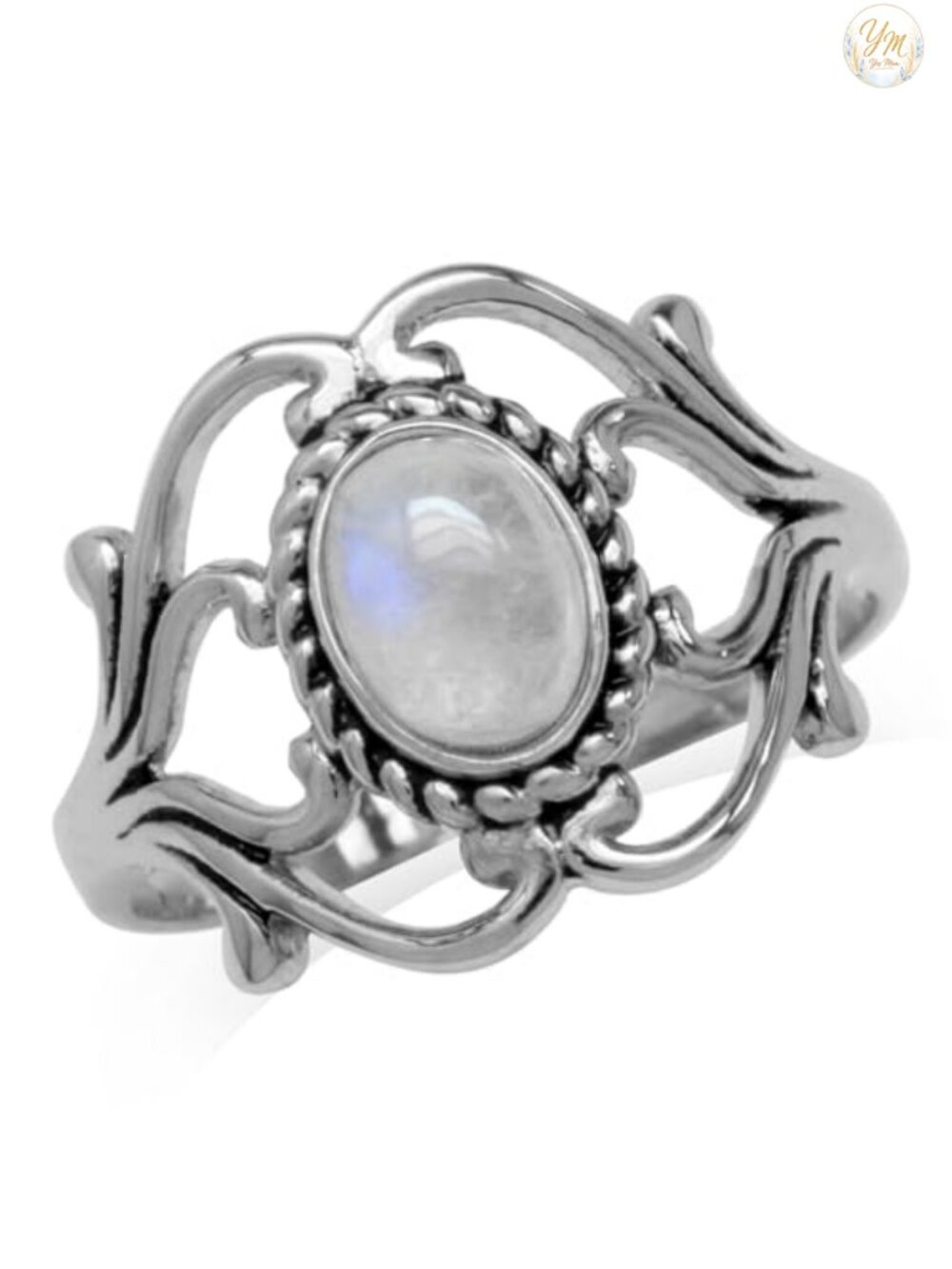 Natural Moonstone Bezel Set Sterling Silver Band Ring Victorian Style